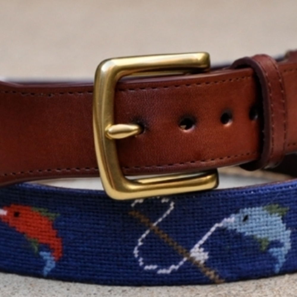 Tucker Blair Needlepoint Brown Leather Belt with Blue Needlepoint Fish Design 42